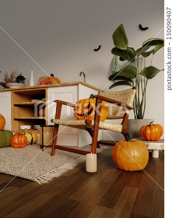 Autumn celebration with a cozy chair and pumpkins in a festive kitchen setting. 3D render illustration Autumn celebration with a cozy chair and pumpkins in a festive kitchen setting. 3D render illustration 130090407