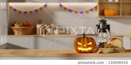 Halloween celebration with pumpkin lantern and festive decor. 3D render illustration 130090410