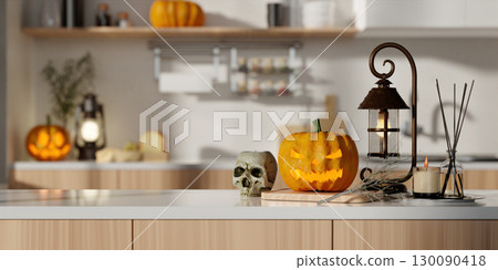 Halloween kitchen with vibrant pumpkin and spooky elements. 3D render illustration Halloween kitchen with vibrant pumpkin and spooky elements. 3D render illustration 130090418