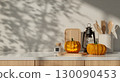 Halloween celebration decor with carved pumpkins and cozy kitchen vibes. 3D render illustration 130090453