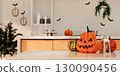 Halloween decoration with festive pumpkin and spooky atmosphere. 3D render illustration 130090456