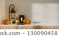 Charming Halloween scene with pumpkins and candles for a cozy atmosphere. 3D render illustration 130090458