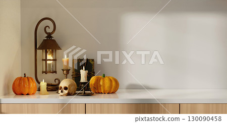 Charming Halloween scene with pumpkins and candles for a cozy atmosphere. 3D render illustration Charming Halloween scene with pumpkins and candles for a cozy atmosphere. 3D render illustration 130090458