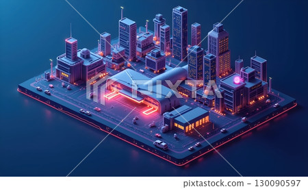 Futuristic Minimal Isometric Digital Airport With Neon Luminous Glow" 130090597