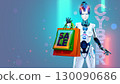 Cyber Monday, Black Friday sale banner, background. Beautiful robot, cyborg woman customer with sale bags shopping on Cyber Monday, Black Friday in neon lights. Robot girl with online shopping. 130090686