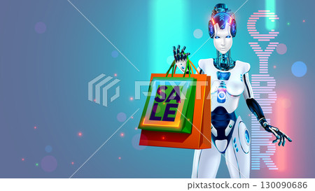 Cyber Monday, Black Friday sale banner, background. Beautiful robot, cyborg woman customer with sale bags shopping on Cyber Monday, Black Friday in neon lights. Robot girl with online shopping. Cyber Monday, Black Friday sale banner, background. Beautiful robot, cyborg woman customer with sale bags shopping on Cyber Monday, Black Friday in neon lights. Robot girl with online shopping. 130090686