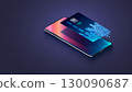 Virtual or Digital bank card over screen phone. Digital bank card isometric 3d. Mobile Banking technology. Online payment transaction via digital credit card. Internet digital bank technology. 130090687