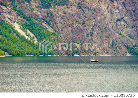 Fjord landscape with ship, Norway 130090720