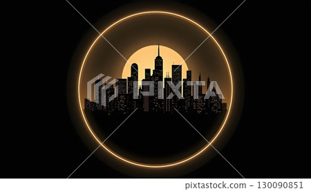 Abstract Luxury Cityscape Surrounded By Golden Luminous Circle" 130090851