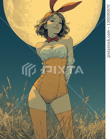 圖:一位身穿藍色兔女郎服裝的女士站立,身後是滿月 圖:一位身穿藍色兔女郎服裝的女士站立,身後是滿月 130090970