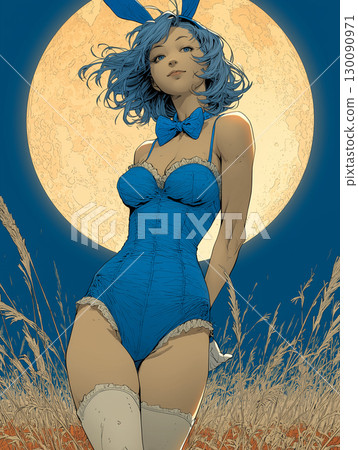 圖:一位身穿藍色兔女郎服裝的女士站立,身後是滿月 圖:一位身穿藍色兔女郎服裝的女士站立,身後是滿月 130090971