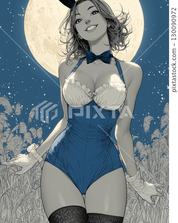 圖:一位身穿藍色兔女郎服裝的女士站立,身後是滿月 圖:一位身穿藍色兔女郎服裝的女士站立,身後是滿月 130090972