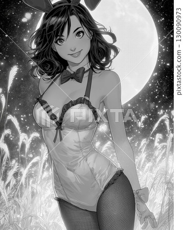 Illustration of a woman in a blue bunny girl costume standing with the full moon behind her 130090973