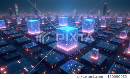 Abstract Futuristic Cityscape Built from Radiant Floating Cubes 130090983