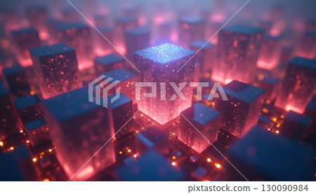 Surreal Digital Architecture of Glowing Gradient Blocks in Darkness 130090984