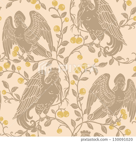 Seamless Slavic Mythology Alkonost Bird-Woman Pattern , Vintage Folk Art Wallpaper Design with Ornamental Branches and Berries 130091020