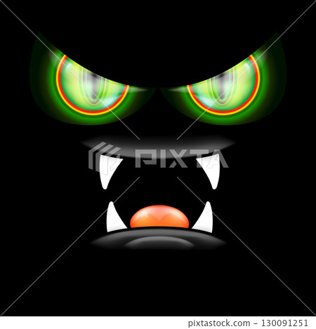 A scary monster with glowing green eyes and razor-sharp teeth peers out of the darkness, a frightful Halloween backdrop featuring an open mouth and fangs A scary monster with glowing green eyes and razor-sharp teeth peers out of the darkness, a frightful Halloween backdrop featuring an open mouth and fangs 130091251