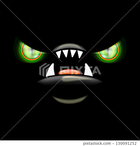 A scary monster with glowing green eyes and razor-sharp teeth peers out of the darkness, a frightful Halloween backdrop featuring an open mouth and fangs A scary monster with glowing green eyes and razor-sharp teeth peers out of the darkness, a frightful Halloween backdrop featuring an open mouth and fangs 130091252