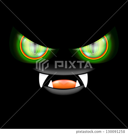 A monstrous face with gleaming green eyes and huge fangs emerges from the deep darkness, a haunting Halloween backdrop for your spooky holiday card designs 130091258
