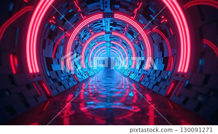 Abstract Futuristic Corridor With Infinite Mirrored Neon Light Reflections Abstract Futuristic Corridor With Infinite Mirrored Neon Light Reflections 130091271