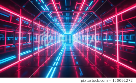 Vivid Cyberspace Tunnel Endless With Radiant Reflective Light Streams 130091272