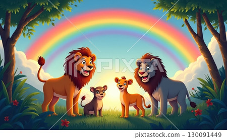 Happy Group of Animals Enjoying Sunshine and Rainbow Together 130091449
