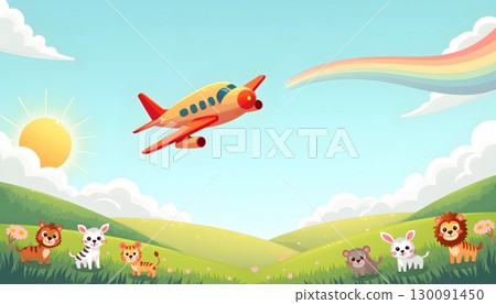 Airplane Flying High While Animals Watch Under Rainbow Sunshine 130091450
