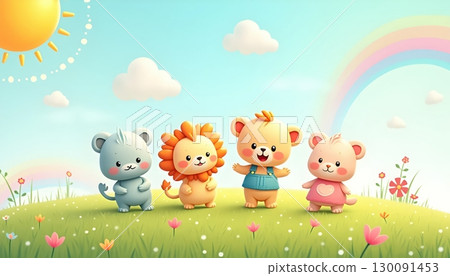 Cheerful Wildlife Gathering Together in Colorful Cartoon Fantasy Land Cheerful Wildlife Gathering Together in Colorful Cartoon Fantasy Land 130091453