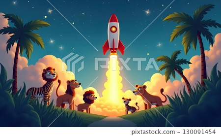 Jungle Friends Gathering Beneath Sunshine to See Rocket Adventure 130091454