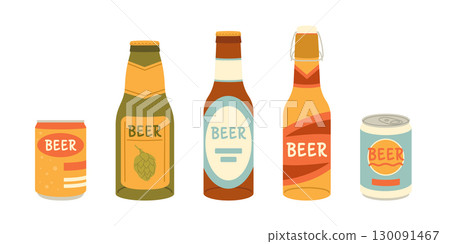 Set of beer bottles and cans. Flat vector isolated illustration Set of beer bottles and cans. Flat vector isolated illustration 130091467