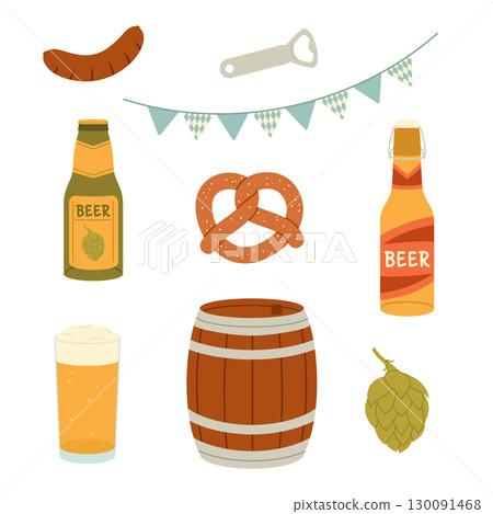 Oktoberfest set. Beer elements. Flat vector isolated illustration Oktoberfest set. Beer elements. Flat vector isolated illustration 130091468