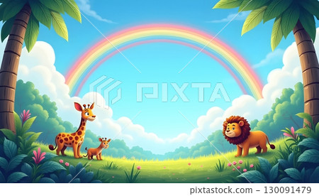 Cheerful Cute Animals Enjoying Magical Cartoon Rainbow and Sunshine 130091479
