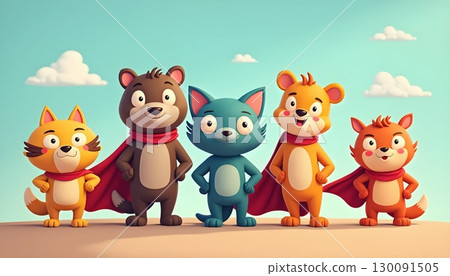Cartoon Animal Superhero Team Standing Proudly With Unity and Strength 130091505