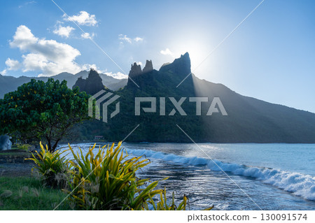 Sunset over Hatiheu Bay and beach in Nuku Hiva, French Polynesia 130091574