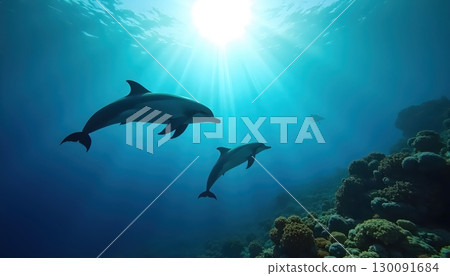 Beautiful Ocean Sunlight Illuminating Dolphins and Exotic Coral Reefs Beautiful Ocean Sunlight Illuminating Dolphins and Exotic Coral Reefs 130091684