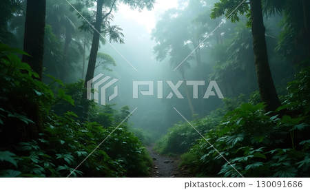 Lush Green Rainforest Shrouded in Morning Mist and Calm Atmosphere 130091686