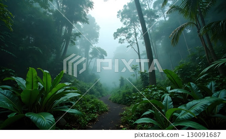 Enchanting Jungle Landscape Covered With Fog and Tropical Foliage 130091687