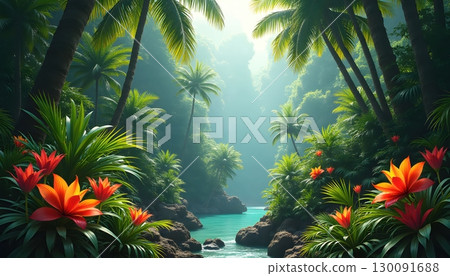 Exotic Paradise Jungle With Bright Flowers and Vibrant Green Trees 130091688