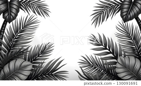 Monochrome Botanical Illustration Depicting Exotic Lush Rainforest Scene 130091691