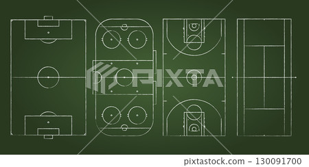 Set of 4 sport fields top view including football, tennis, hockey and basketball. Realistic stadium layouts with markings. Collection for match, coaching, strategy or training graphics. Set of 4 sport fields top view including football, tennis, hockey and basketball. Realistic stadium layouts with markings. Collection for match, coaching, strategy or training graphics. 130091700