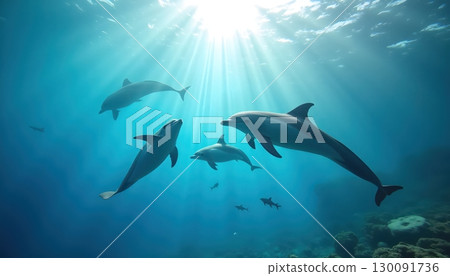 Peaceful Underwater World Full of Dolphins, Fish, and Coral Reefs 130091736