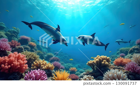 Dolphins Jumping Joyfully Above Colorful Reefs in Underwater World 130091737