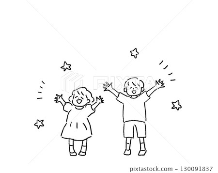 張開雙臂微笑的小男孩和小女孩,兄弟姊妹,線條畫 張開雙臂微笑的小男孩和小女孩,兄弟姊妹,線條畫 130091837
