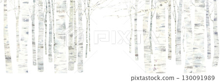 Watercolor illustration of a snowy birch forest landscape. Horizontal banner background. 130091989