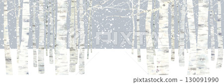 雪白的樺樹林風景的水彩畫。水平橫幅背景。 雪白的樺樹林風景的水彩畫。水平橫幅背景。 130091990