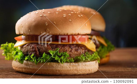 Tasty burger and fries 130092091