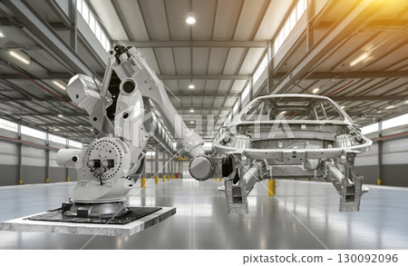 Automated Robot Arm Assembly Line Manufacturing High-Tech Green Energy Electric Vehicles. Automatic Construction, Building, Welding Industrial Production Conveyor in Car Factory. 130092096