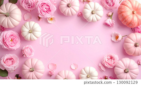 萬聖節淡粉色花朵和南瓜框架 萬聖節淡粉色花朵和南瓜框架 130092129
