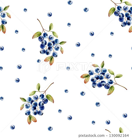 Watercolor seamless pattern with branch of juicy blueberries with green leaves. Botanical hand drawn isolated illustration ideal for seasonal, forest, or nature-themed designs. Rustic foliage perfect 130092164