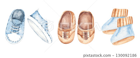 Baby Boy Shoes Set. Blue Booties, Brown leather moccasins and jeans Sneakers. Hand drawn watercolor illustration of Kids Boots isolated on a white background. Cute Infant clipart for invitations Baby Boy Shoes Set. Blue Booties, Brown leather moccasins and jeans Sneakers. Hand drawn watercolor illustration of Kids Boots isolated on a white background. Cute Infant clipart for invitations 130092186